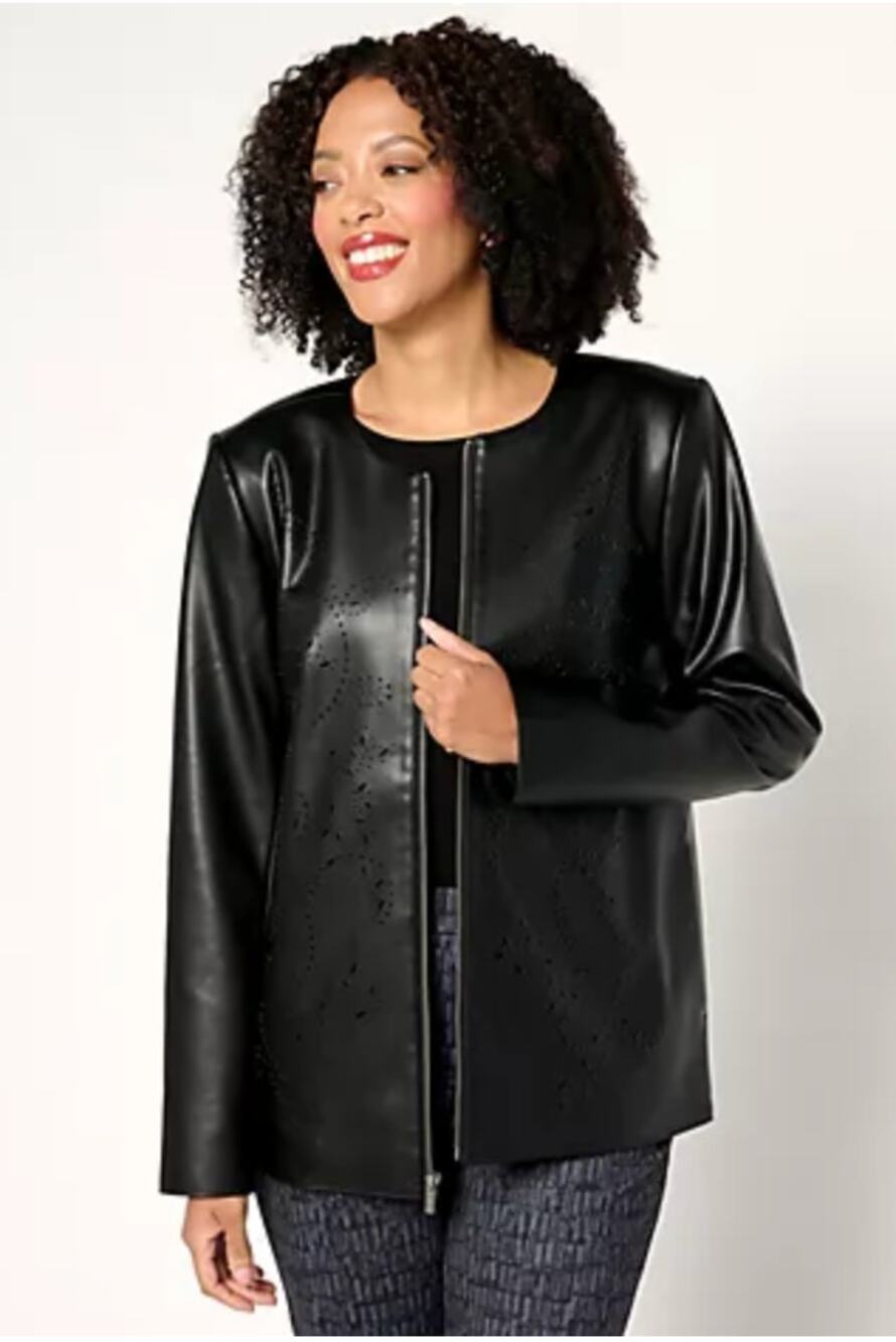 Susan Graver Faux Leather Laser Cut Detail Jacket Womens Size 2XP Black New